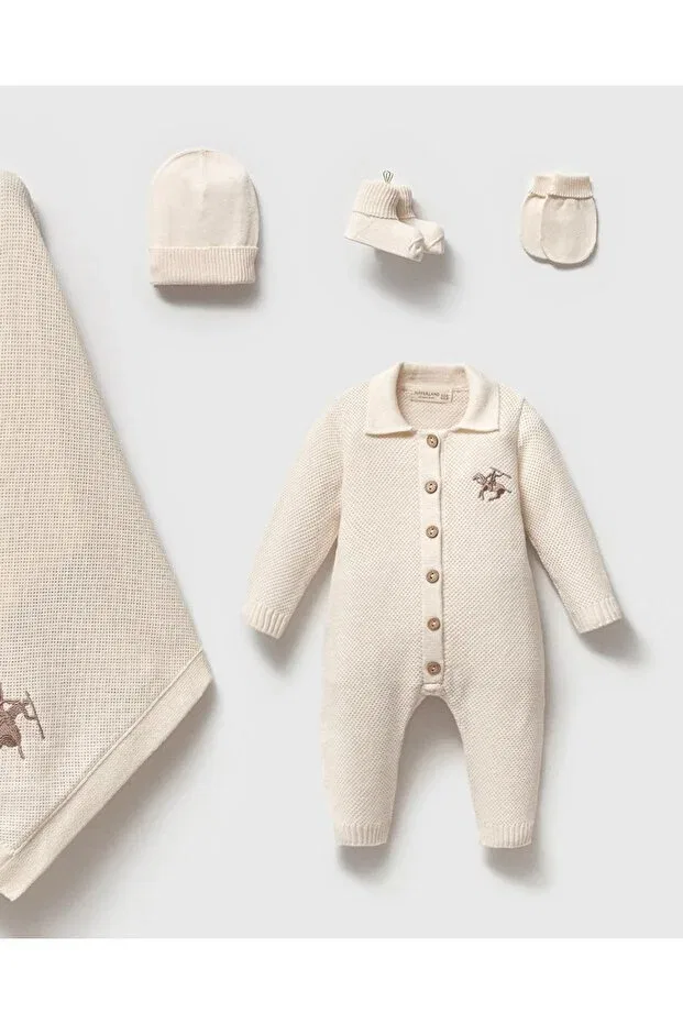 Детский комплект одежды для новорожденных мальчиков с вышивкой Ciritli horse embroidered knitwear Mert Baby, Nude Color — фото 4