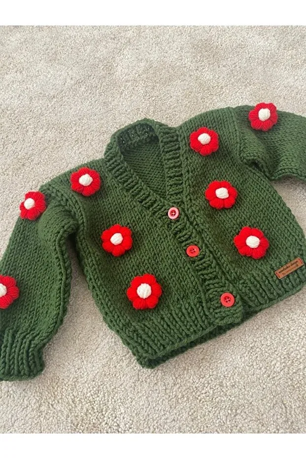 Детский кардиган для девочек с цветочным узором Hand knitted flower detailed christmas colors Nevalin, Green Red White — фото 3