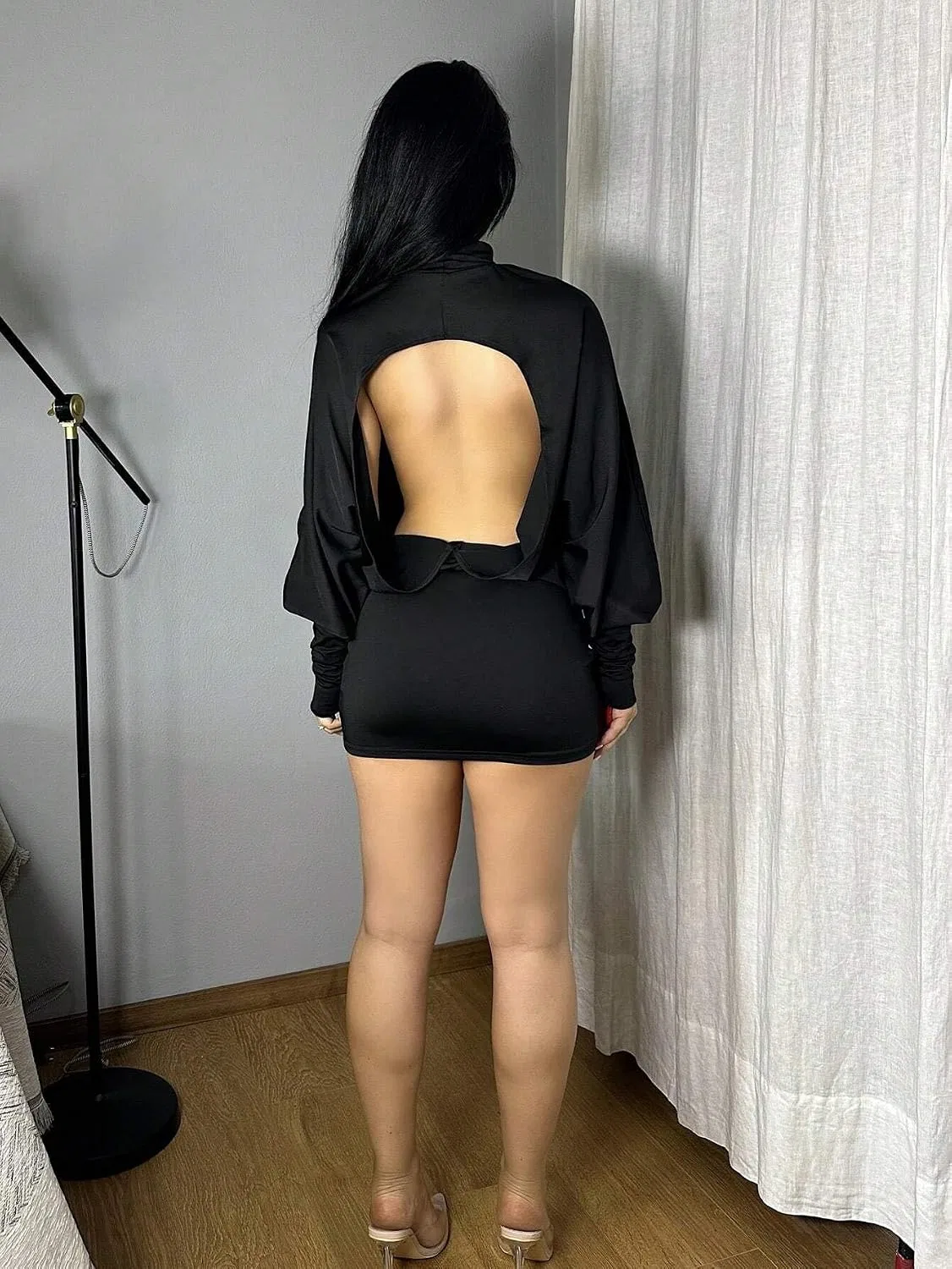 Женское casual платье мини бодикон с высокой горловиной, Black — фото 3