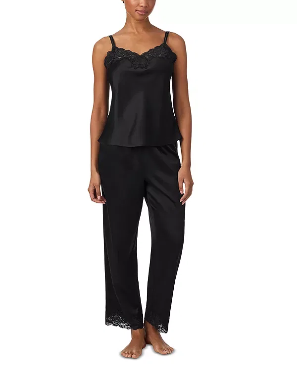 Женский комплект пижамы с кружевной отделкой New Signature Satin Lace Cami Top & Ankle Pant Pajama Set Ralph Lauren, черный