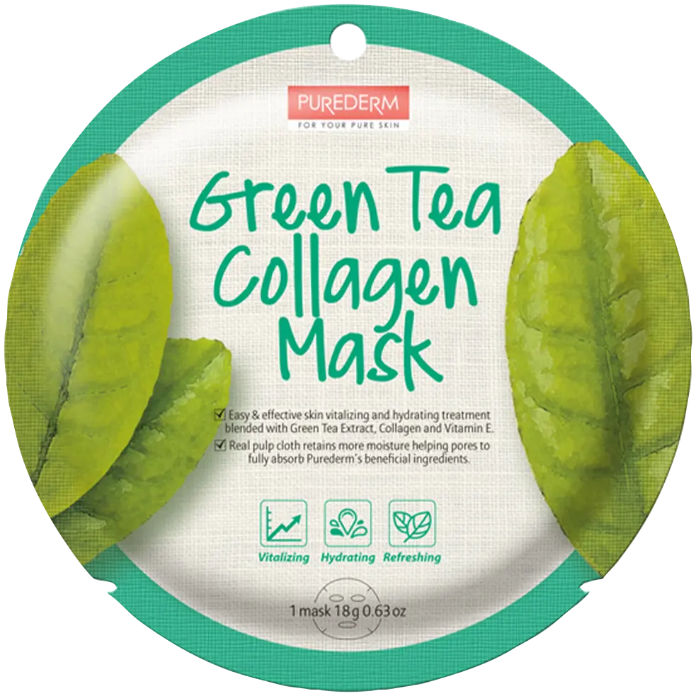 

Purederm Green Tea Collagen укрепляющая и увлажняющая коллагеновая маска для лица с зеленым чаем, 1 шт.