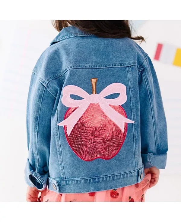 Детская куртка для девочек с длинным рукавом Apple Bow Sequin Patch Denim Jacket Sweet Wink, Denim — фото 4