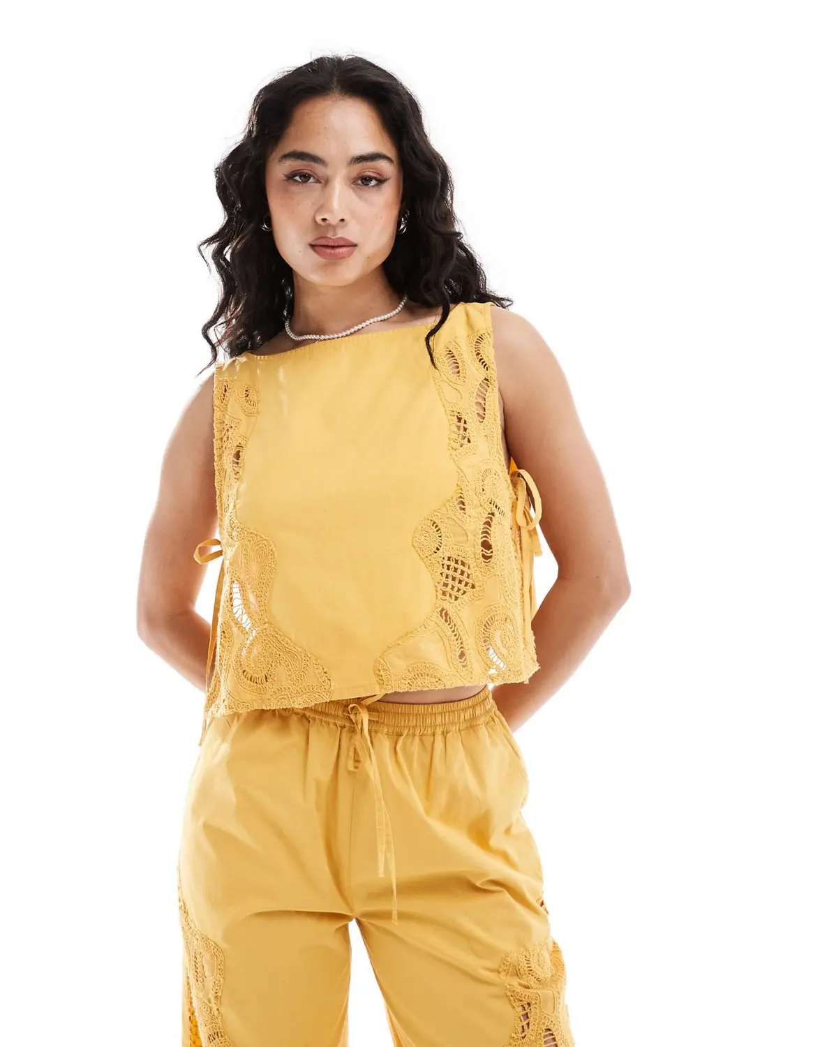 

Топ Asos Design Premium Cutwork With Tie Details Co-ord, горчичный