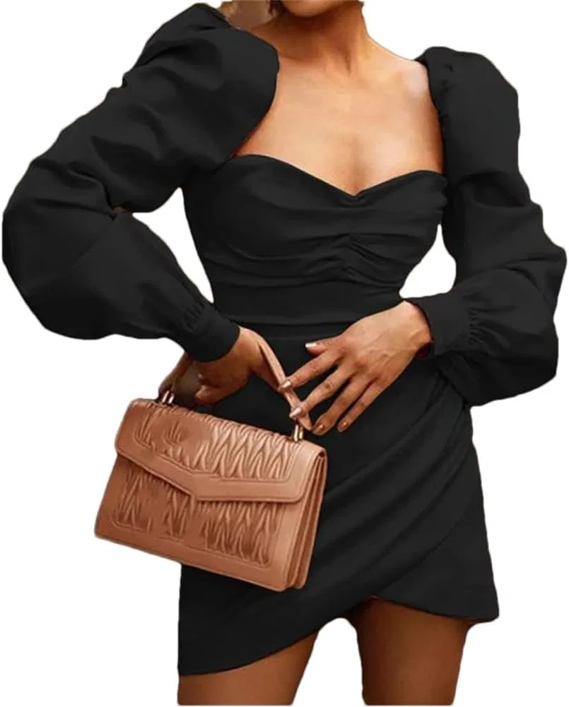 Женское платье мини с квадратным вырезом A-силуэта Solid Color, Black