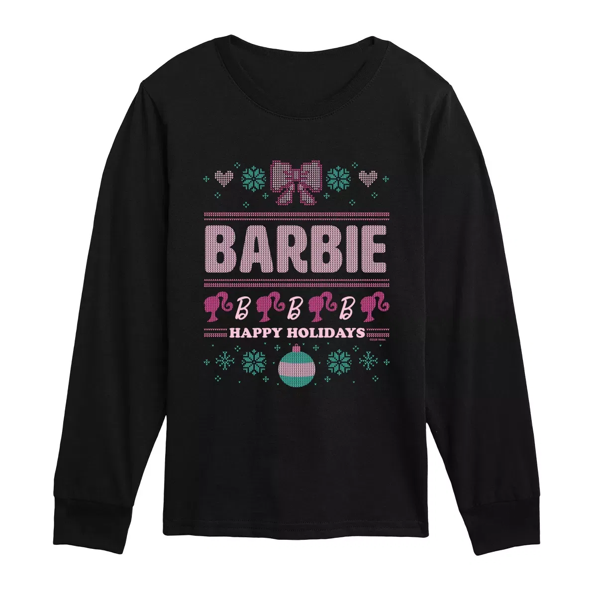Детский лонгслив с принтом Xmas Sweater Barbie, Черный