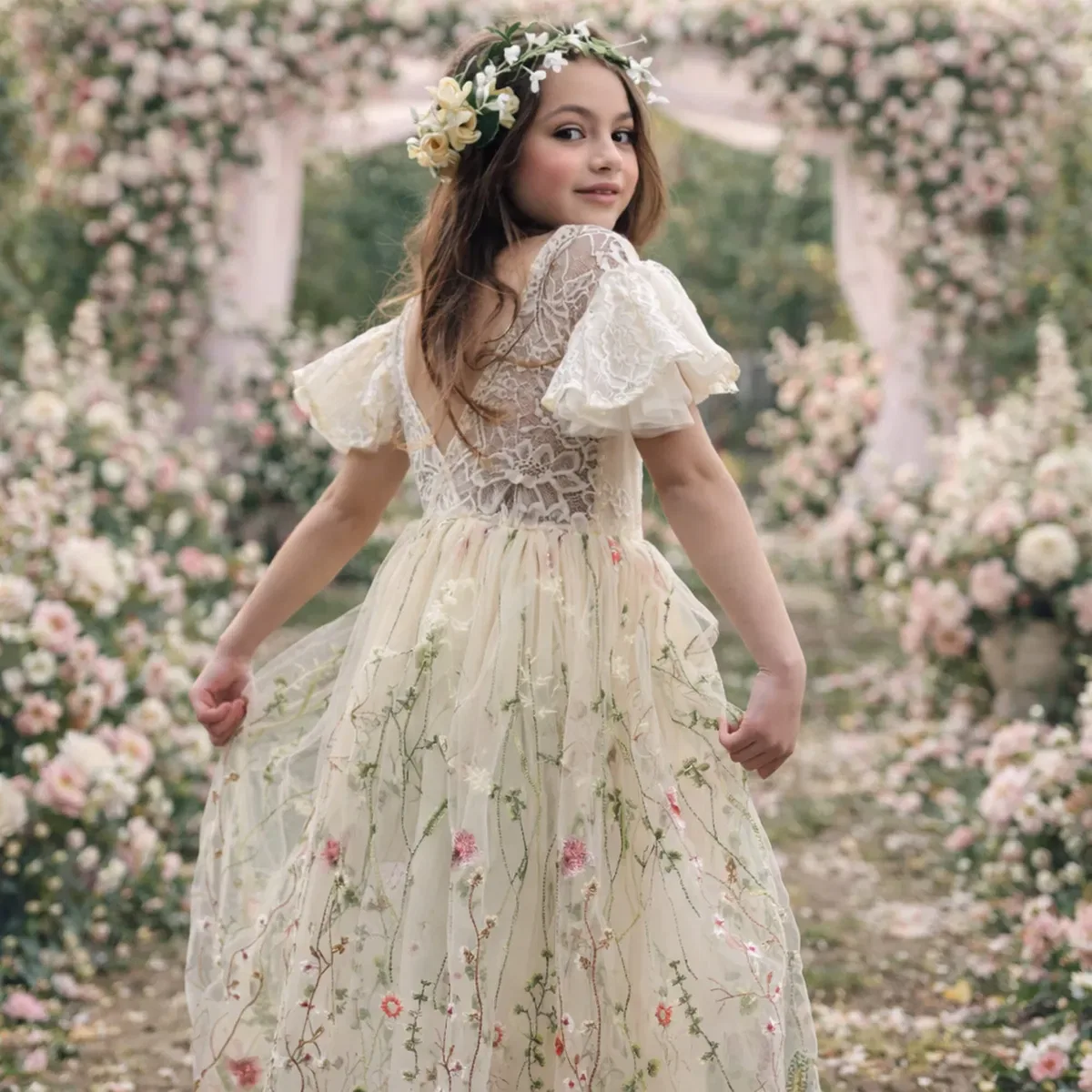 Платье с принтом Whispering Poppy Uk Flower Girl Boutique, Cream