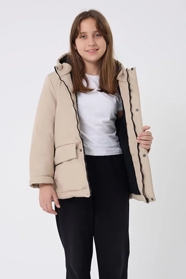Детское для девочек пальто длинное с принтом Hooded Basics Royalside, Stone — фото 3