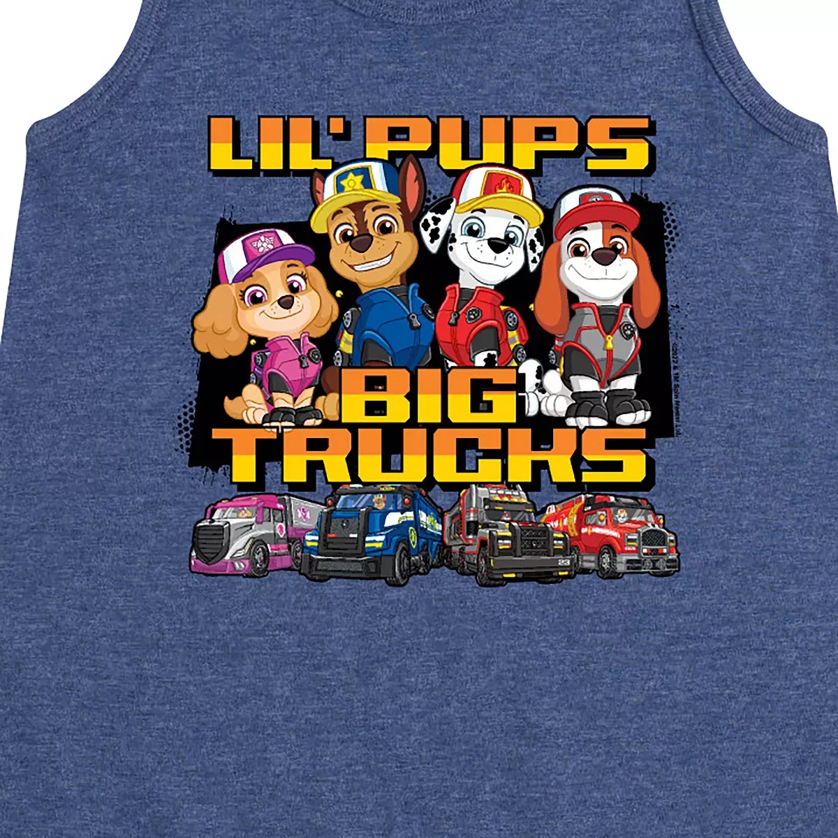Детское платье-трапеция без рукавов с принтом Lil Pups Big Trucks PAW Patrol, Heather Navy — фото 2