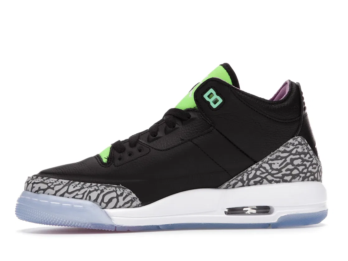 Детские кроссовки с принтом Jordan 3 Retro Jordan, Black/White-Electric Green-Violet Shock-Green Glow — фото 3