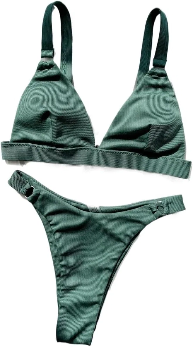Женский бикини-сет с V-образным вырезом и ребристой тканью, Dark Green