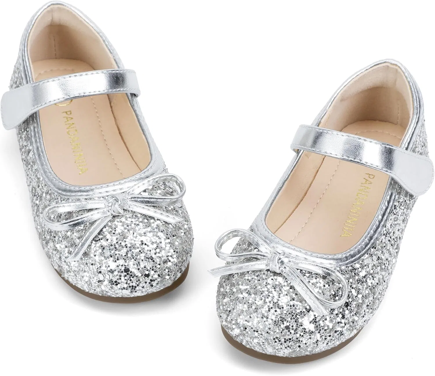 Детские балетки для девочек с бантом Mary Jane PANDANINJIA, Silver Sequin