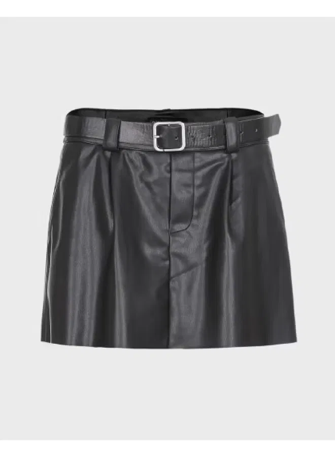 Юбка-трапеция плиссированная мини кожаная Zara, черный