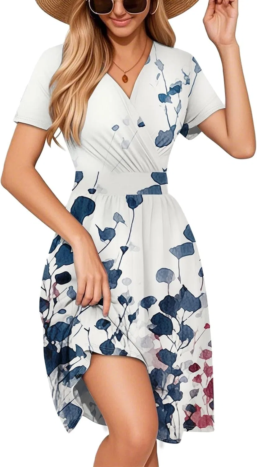 Женское платье с V-образным вырезом и короткими рукавами, Dark Blue