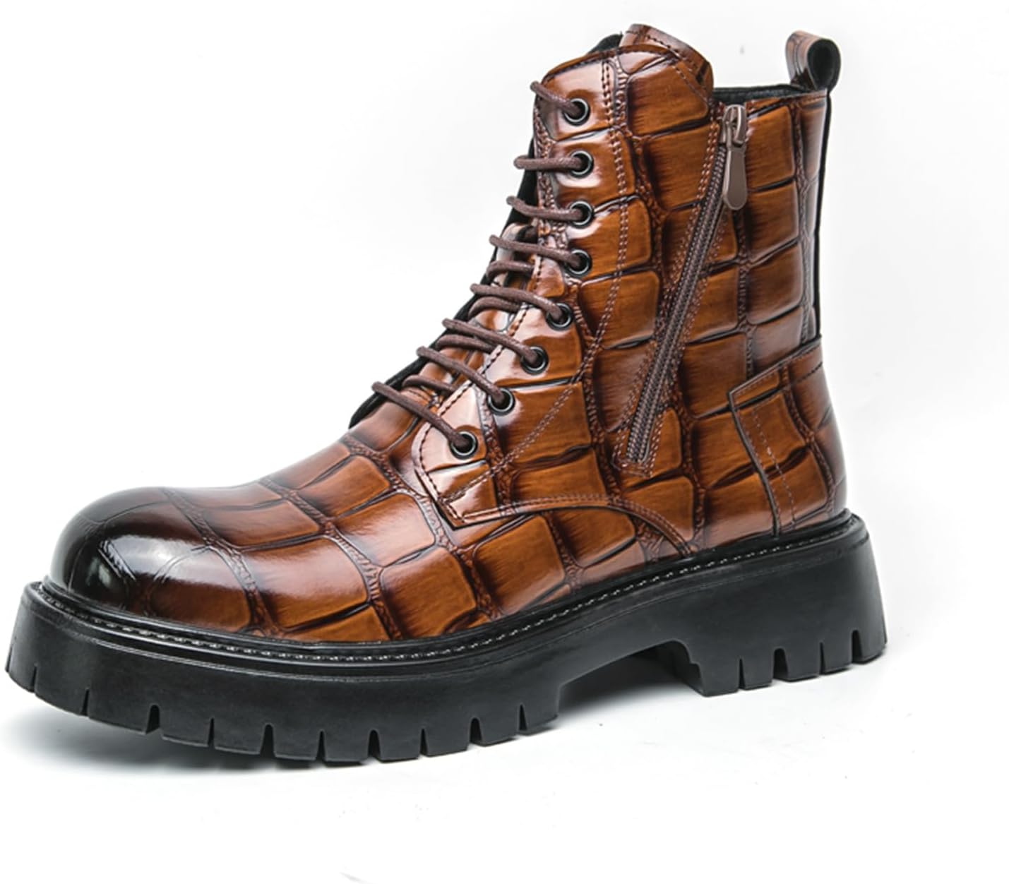 

Мужские текстурированные кожаные оксфорды на шнуровке с высокой платформой и боковой молнией, ретро-округлый носок, противоскользящая подошва на грубой подошве, мотоциклетные ботинки, рабочие, офисные, повседневные комбат-ботинки Qklmwes, коричн...