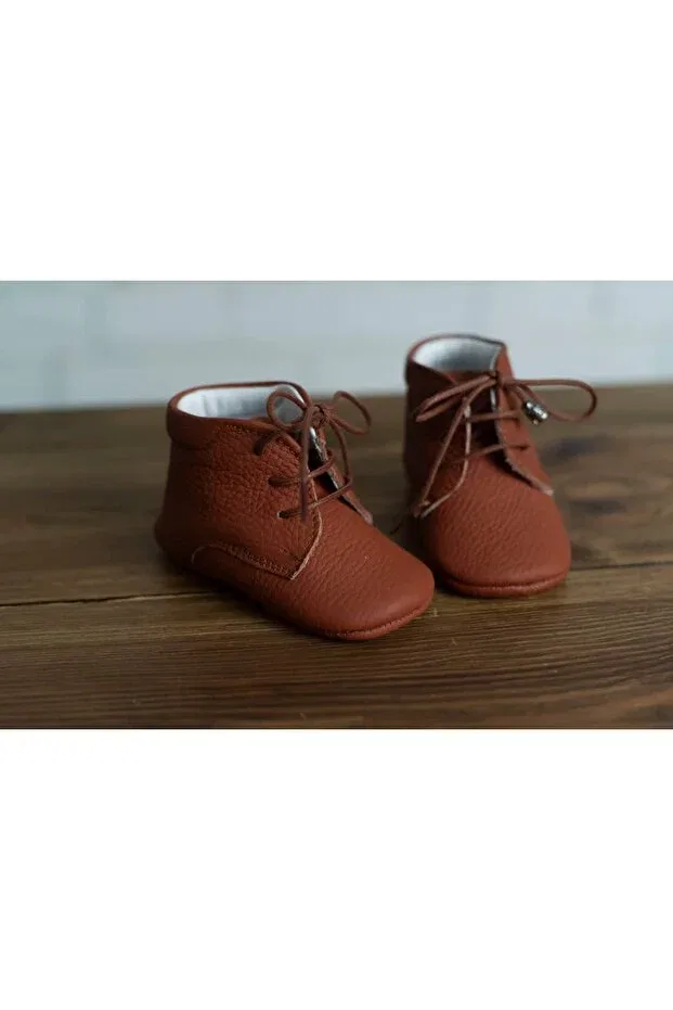 Детские пинетки для новорожденных кожаные на шнуровке Olivo Mini, Brown — фото 3