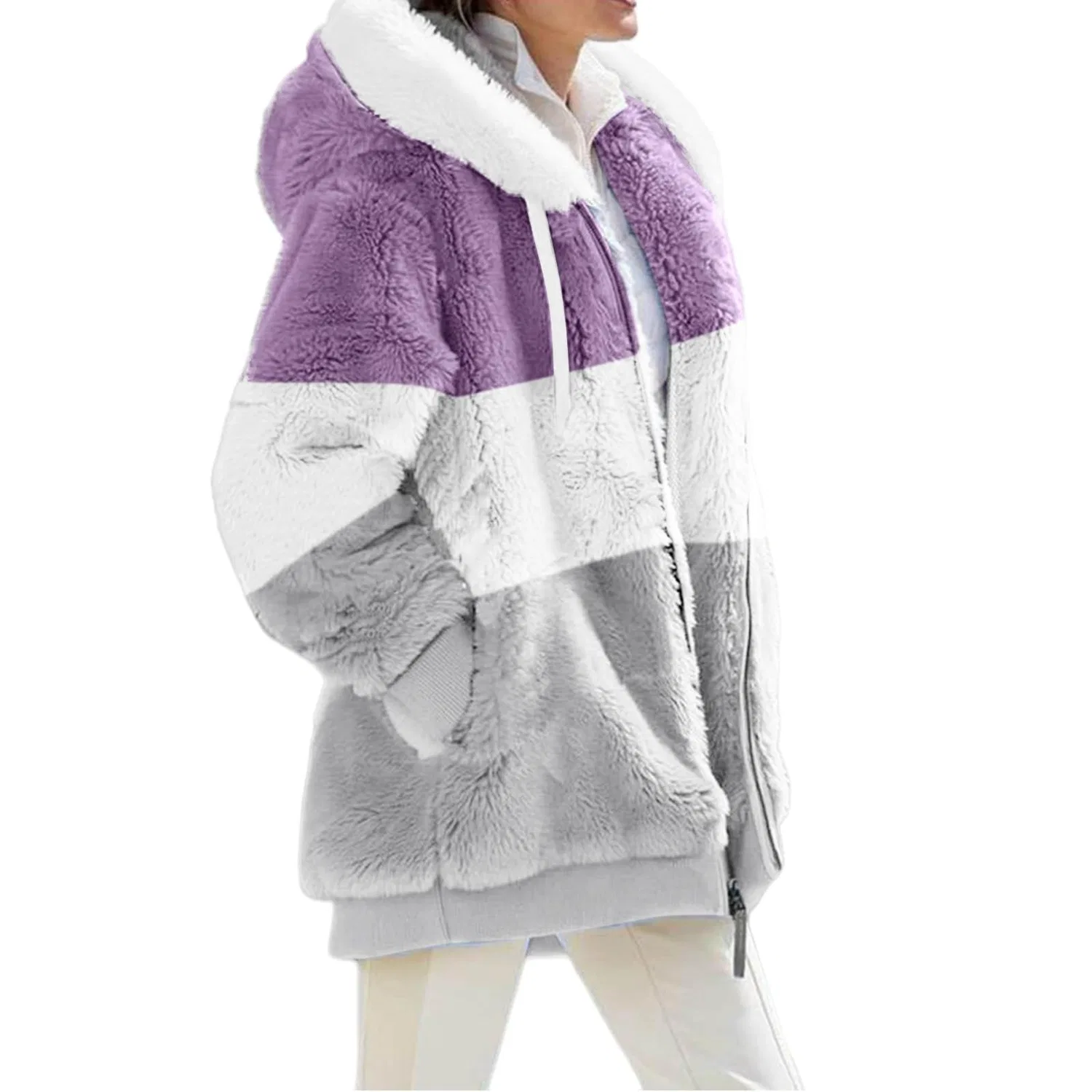 Женская куртка с капюшоном и принтом цвет-блок, модель Full Zip Color Block Teddy Fleece Jacket, Viola — фото 4