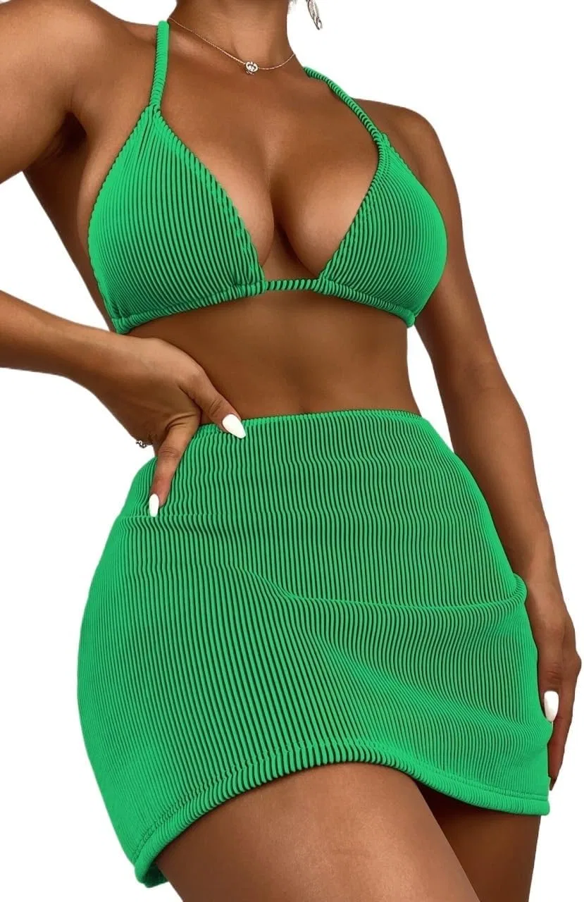 Женский бикини-комплект из 3 предметов с завязками на спине Halter, Green
