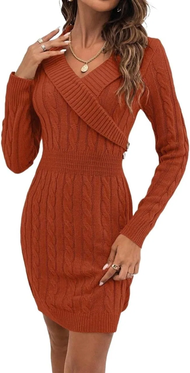 Женское платье-свитер с V-вырезом LiuFY-Mall, Burnt Orange