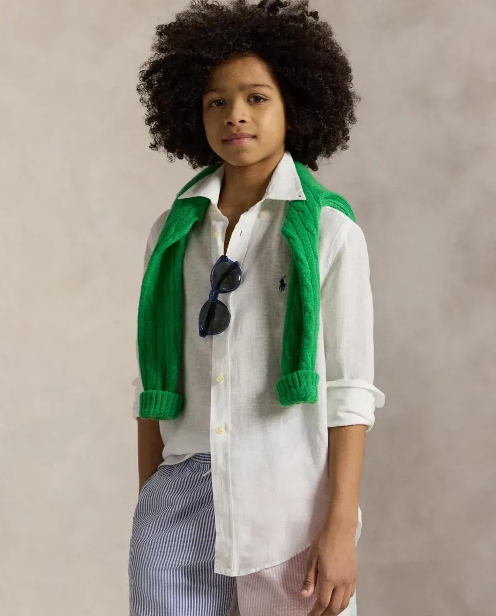 Детская рубашка для мальчиков льняная с вышивкой лошади Polo Ralph Lauren, Blanco