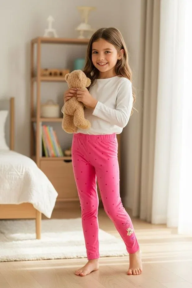 Детские колготки для девочек с принтом Heart & Teddy Bear Detailed Polka Dot Girls Tights Balgüneş Tekstil, Pink