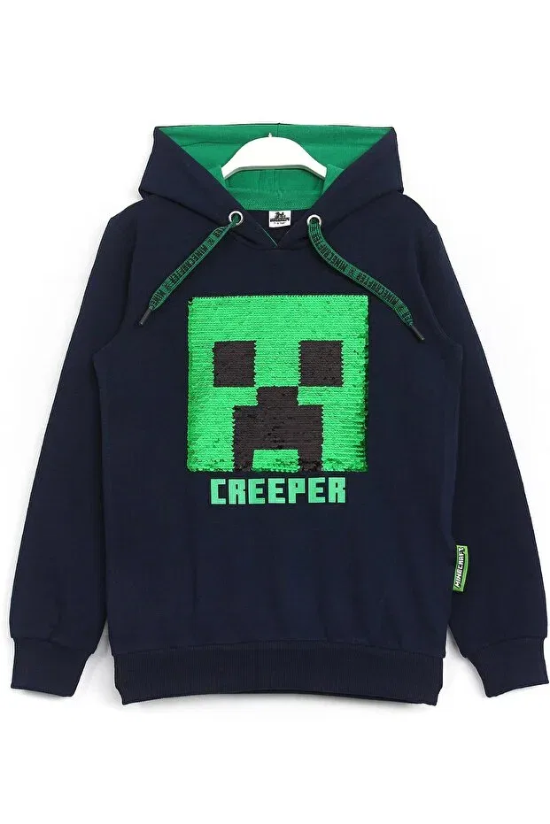 Детские свитшот для мальчиков с принтом Minecraft Creeper Reversible Color Changing Sequined Hooded Dobakids, Navy Blue