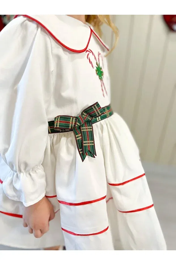 Детское платье для девочек с длинным рукавом Lorin girl's christmas dress Pinkitokids, White — фото 4