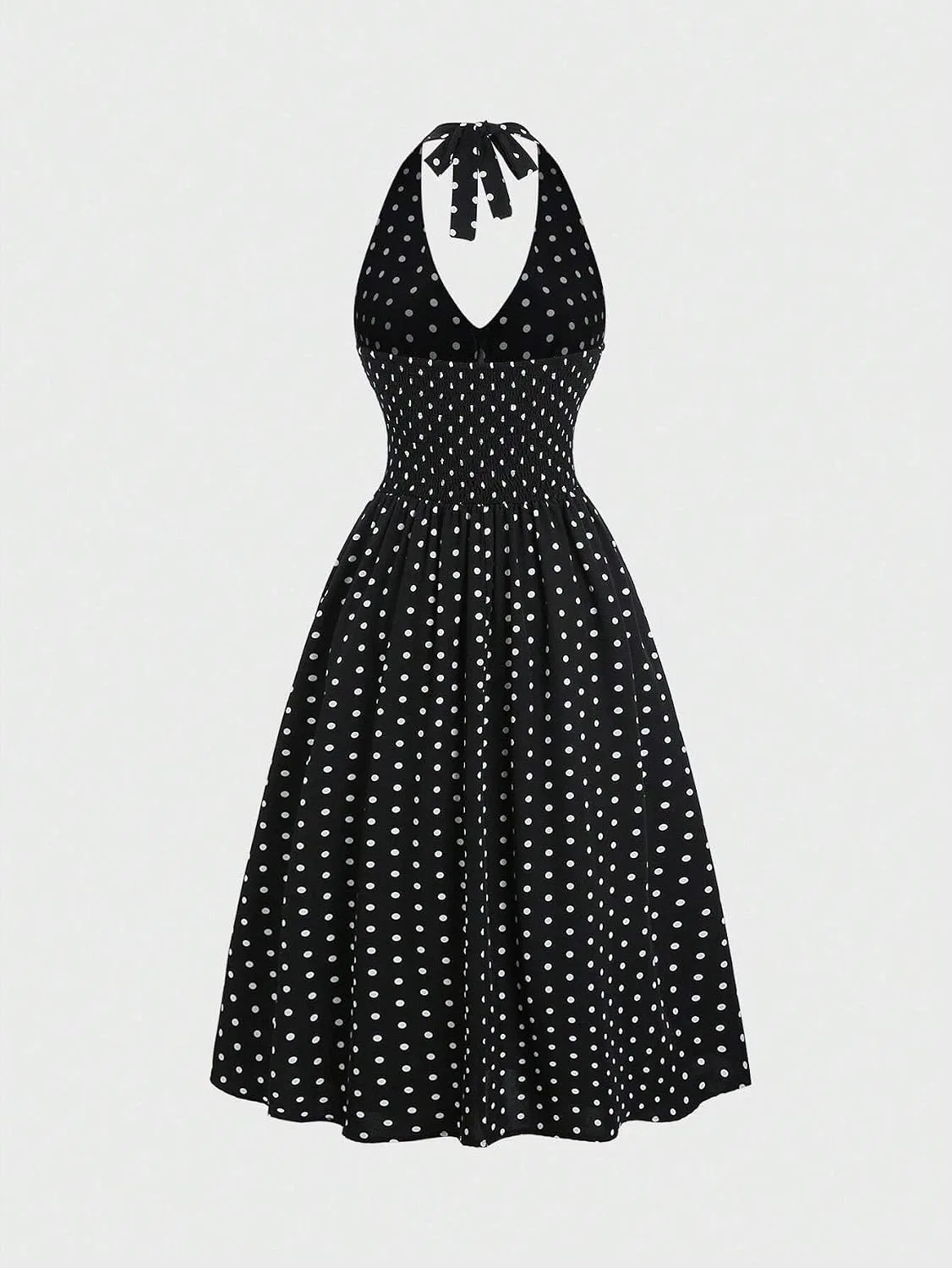 Женское A-силуэта платье без спины с галстуком Polka Dot, Black/White — фото 2