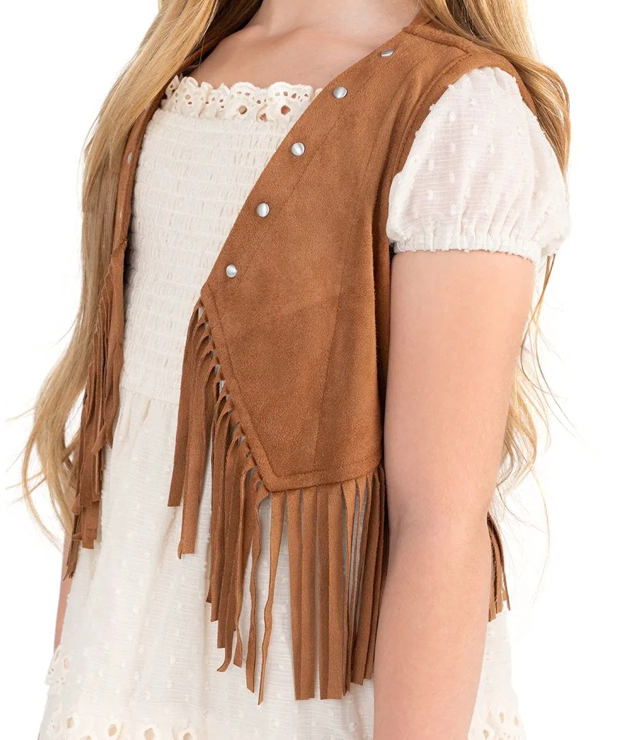 Комплект из платья и жилета с бахромой, модель Suede Fringe Vest and Clip Dot Cotton Puff Sleeve Dress Rare Editions, Ivory — фото 2