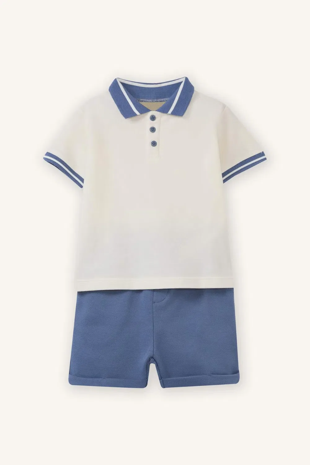 Комплект из пике с фактурными шортами, 2 piece regular fit set, Defacto, экрю