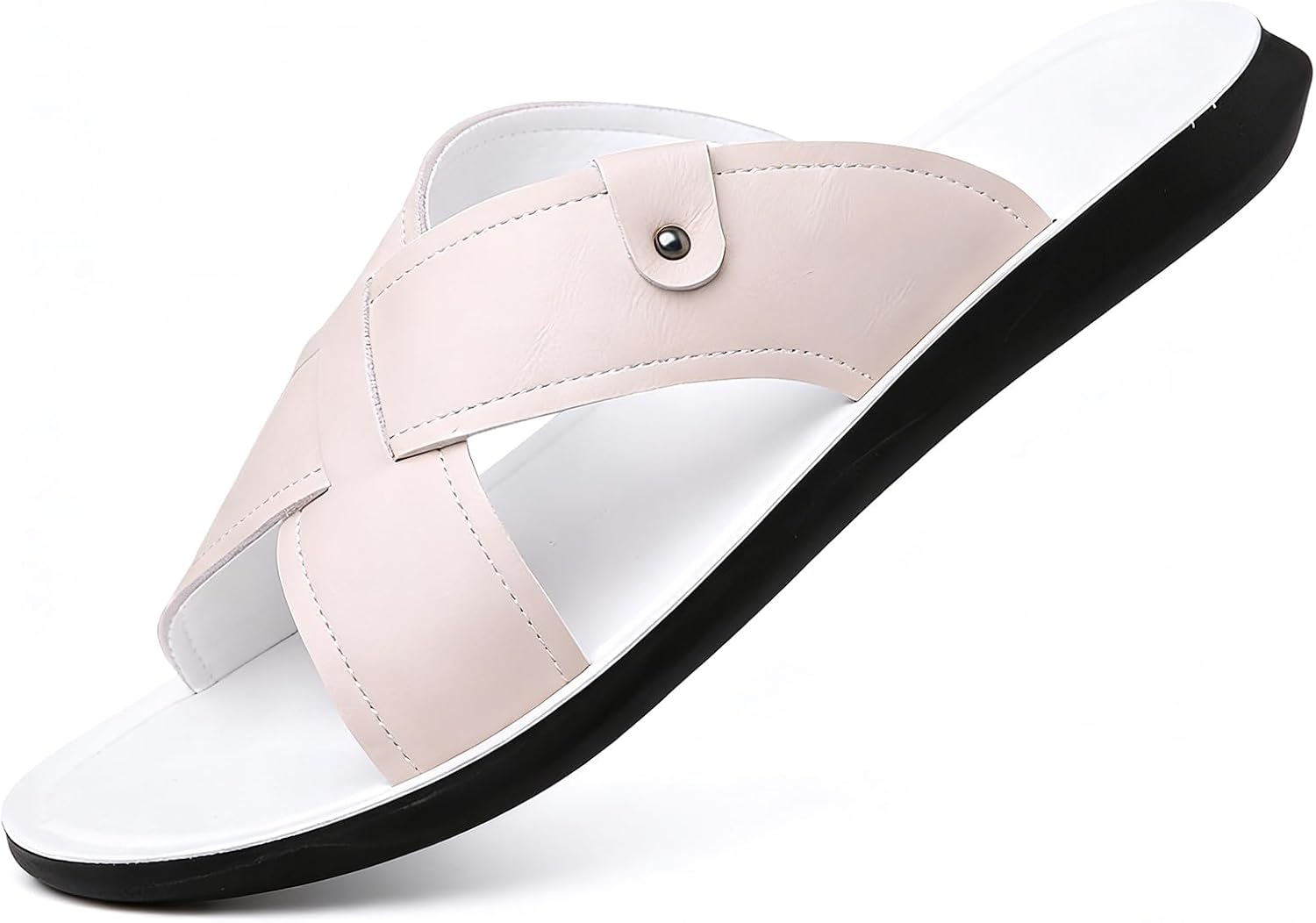 

Мужские кожаные пляжные сандалии BANGTEUO с плоской подошвой, удобной арочной поддержкой и противоскользящей подошвой, шлепанцы для отдыха на пляже, дома и на улице каждый день, белый