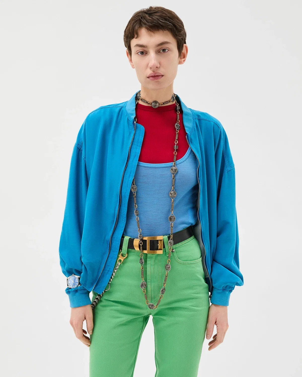 Вязаный шерстяной топ с вышивкой VERSACE, синий — фото 2