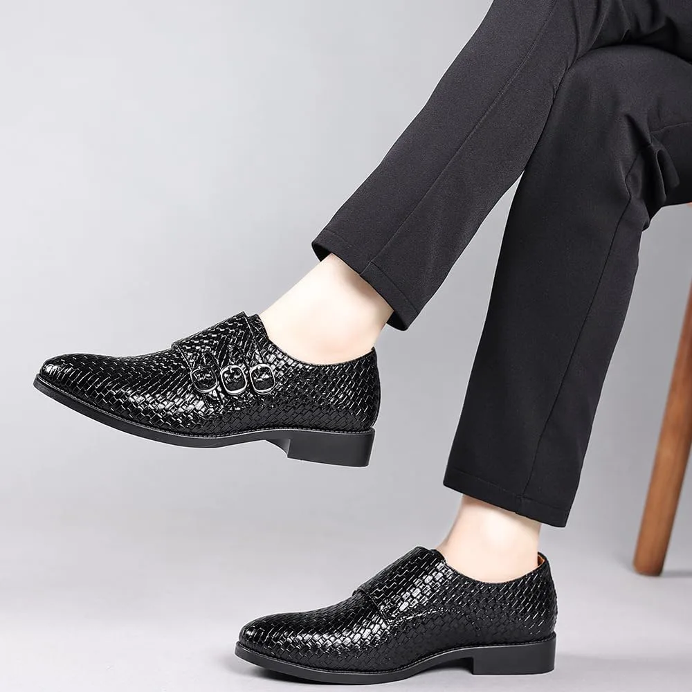 Мужские формальные повседневные лоферы с пряжкой Monk Strap, оксфорды с текстурной сеткой, легкие, из искусственной кожи, для бизнеса и свадеб Spedify, черный — фото 2