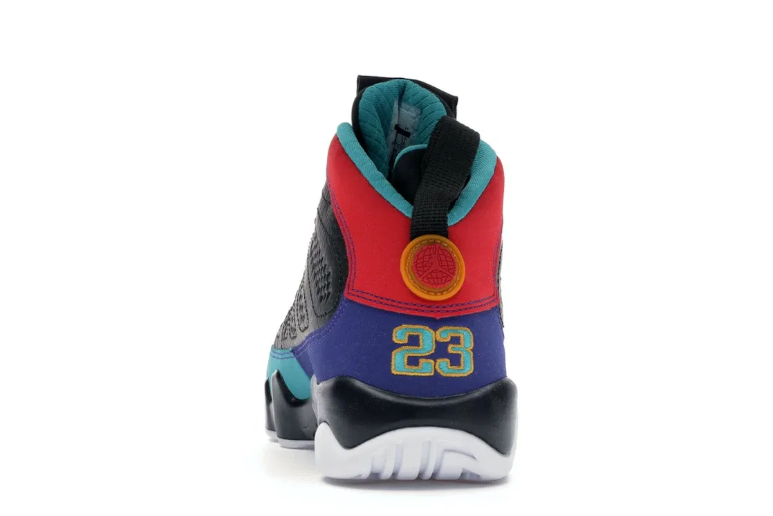 Детские кроссовки для мальчиков с принтом Jordan 9 Retro Jordan, Black/University Red-Dark Concord-Canyon Gold-Turbo Green-White — фото 4