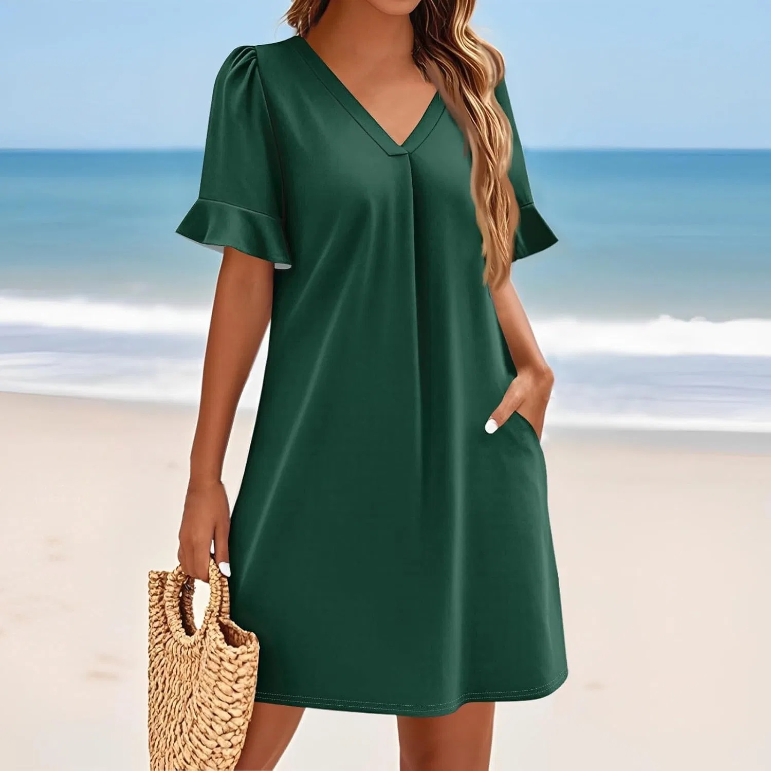 Женское мини-платье с рюшами и V-образным вырезом, Dark Green — фото 3