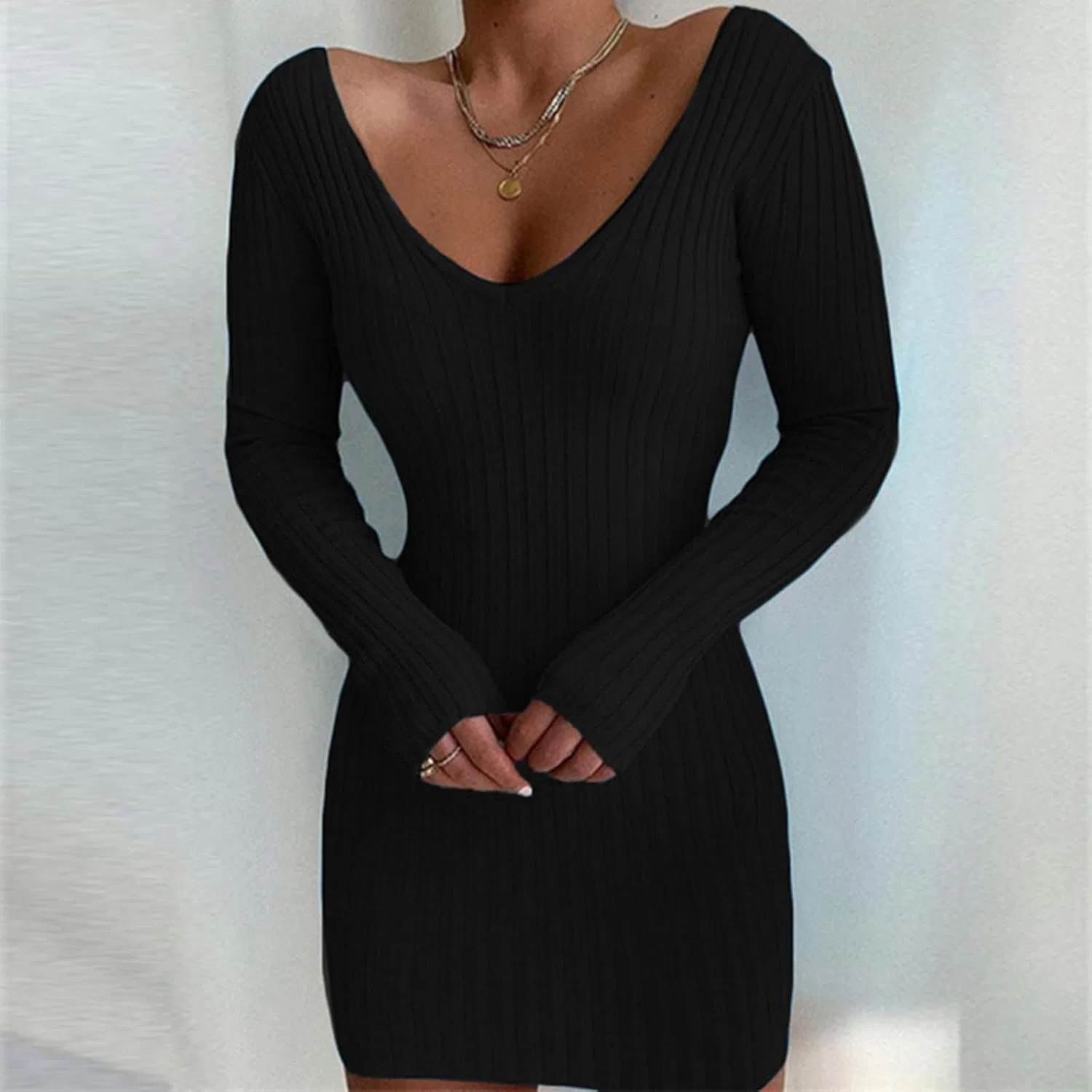 Женское облегающее платье с V-образным вырезом Ziguaomi, Black — фото 2