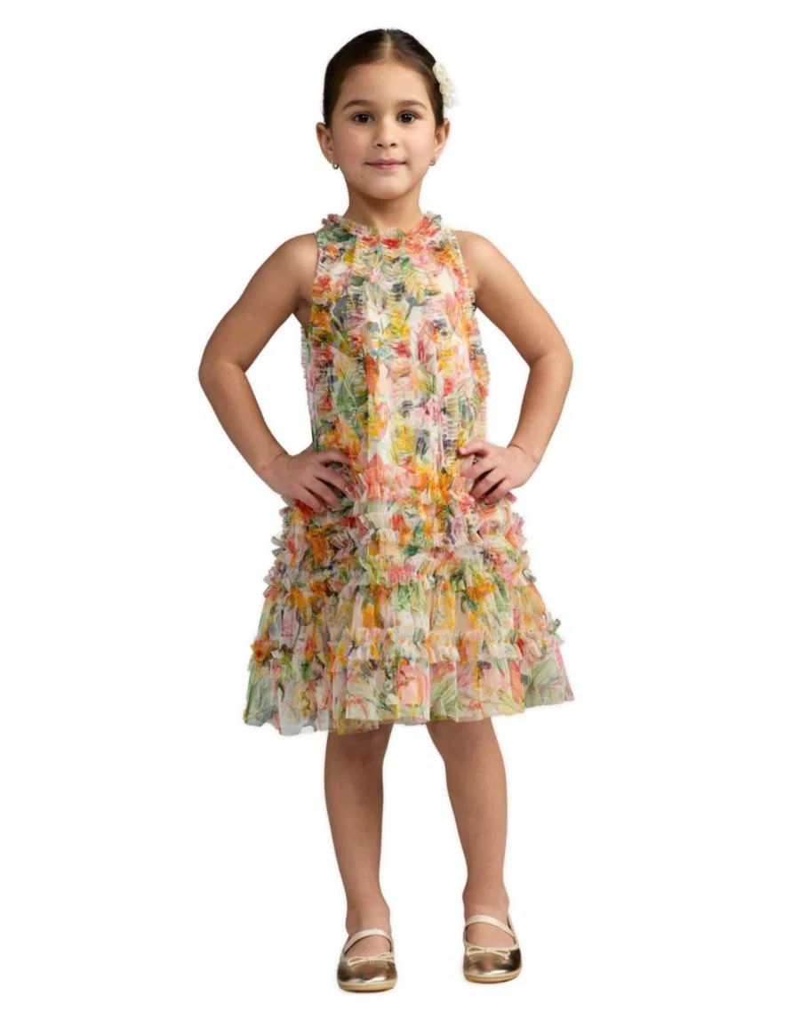 Платье-трапеция из сетки с цветочным принтом, модель Girls Mesh Floral Print A-Line Dress Mac Duggal, Ivory Multi