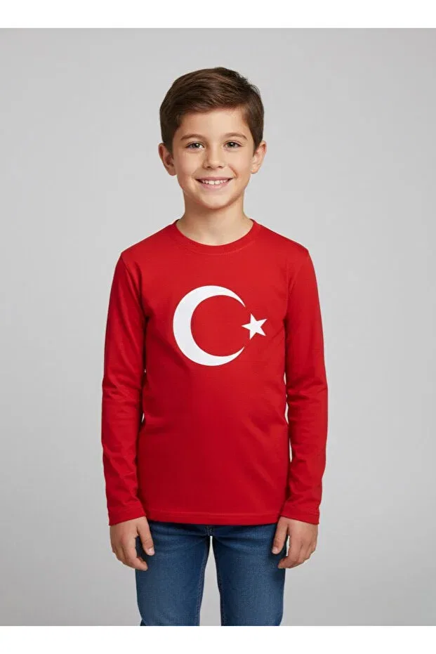Детская футболка с длинным рукавом с принтом Moon and Star Turkish Flag Generic Brands, Red