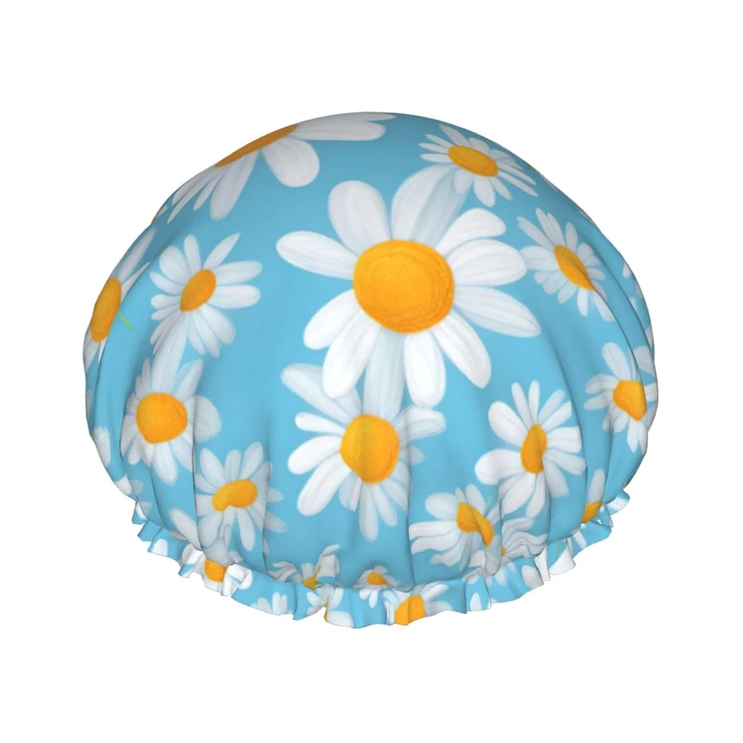 Шапочка для душа Double Layer, SDFHU, White Daisies on Light Blue