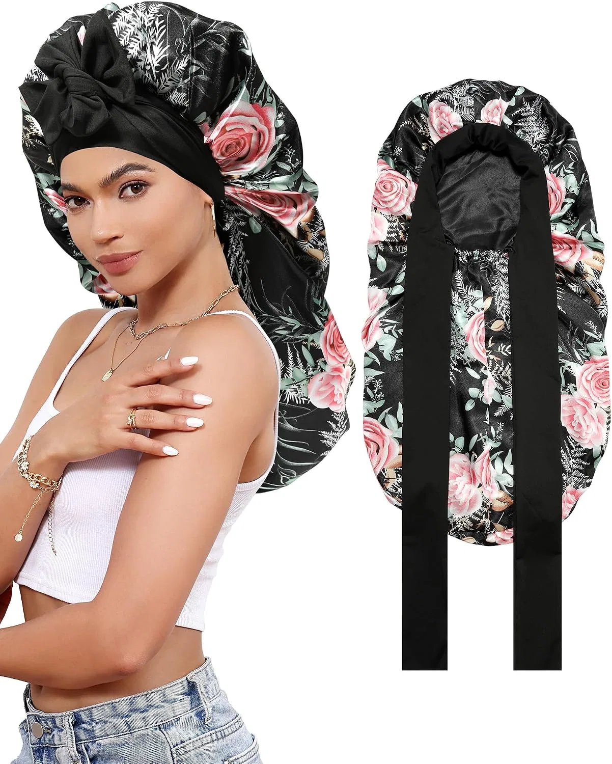 Шапочка для душа двойная сатиновая для длинных волос CHLINS, Black + Pink Rose