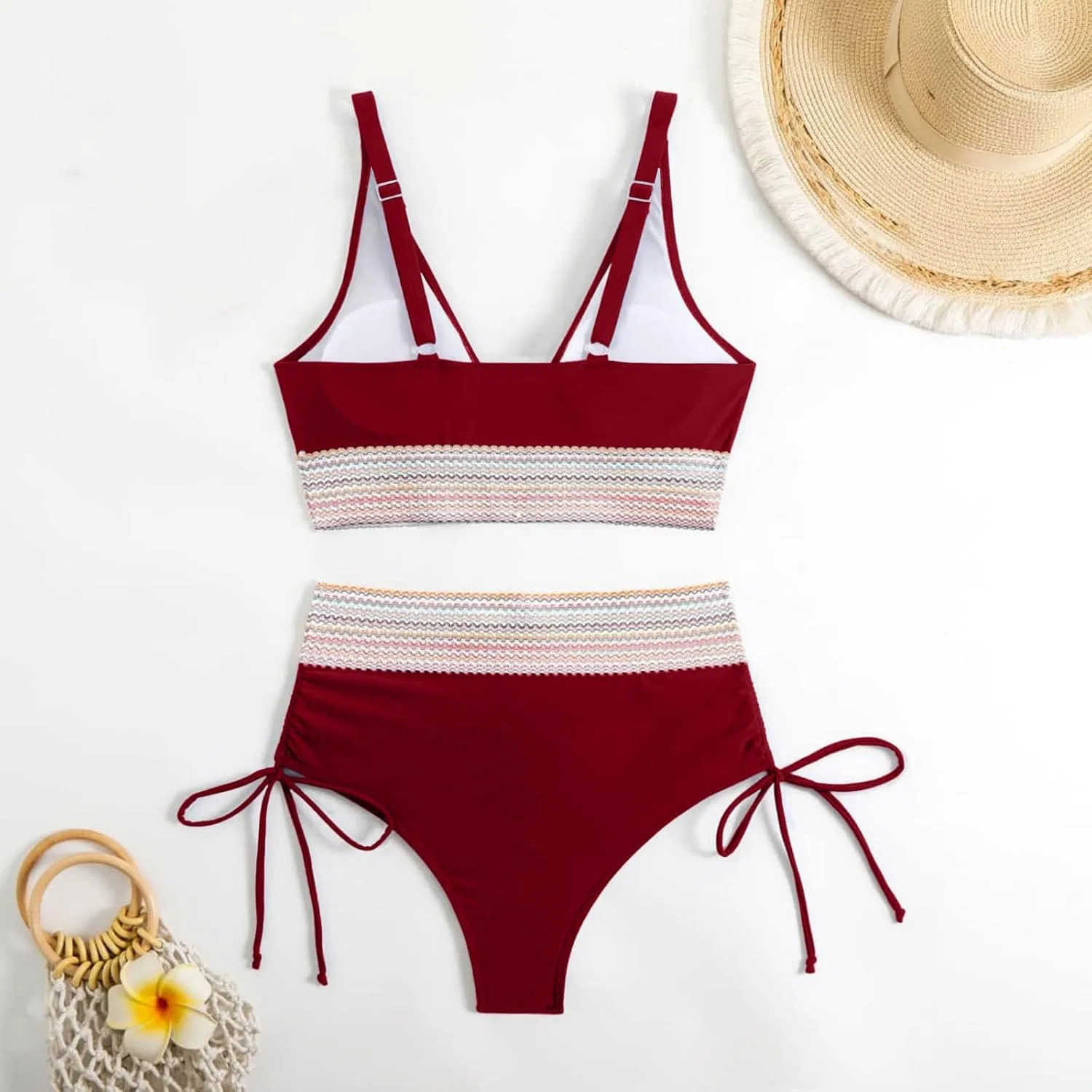 Женский купальник-бикини с высокой талией и утяжкой Two Piece Drawstring Swimwear, Wine — фото 4
