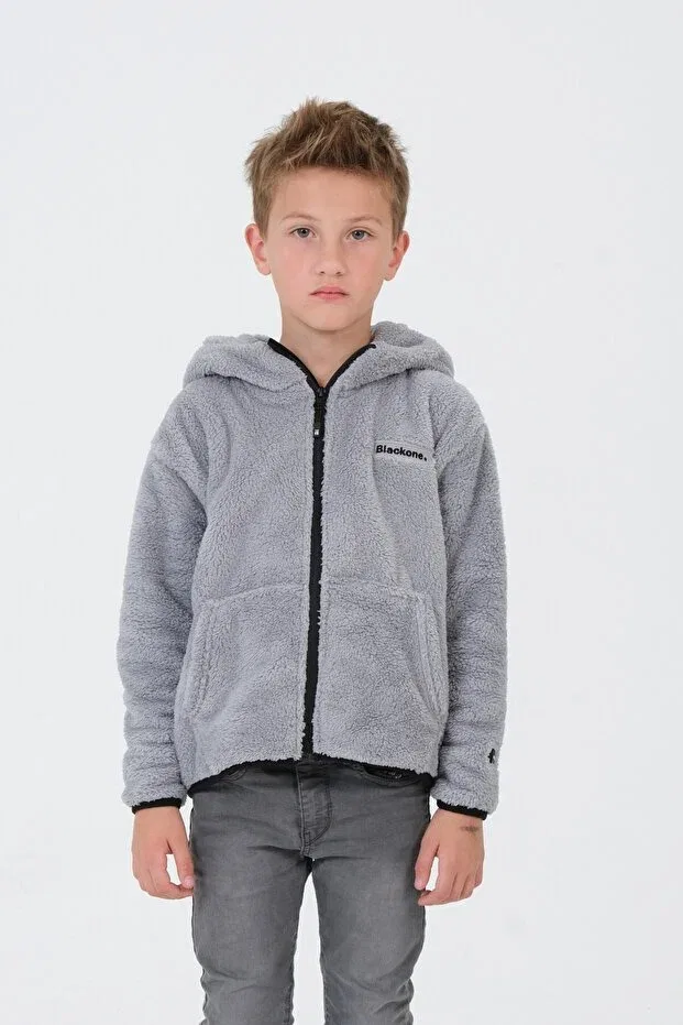 Детское худи для девочек с принтом Embroidery Detailed Plush Hooded Cargo Pocket Top Black One, Gray