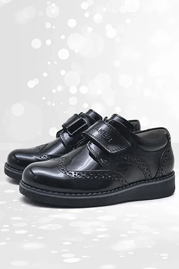 Детские классические туфли для мальчиков на липучке Hidra black patent leather Rakerplus, Черный