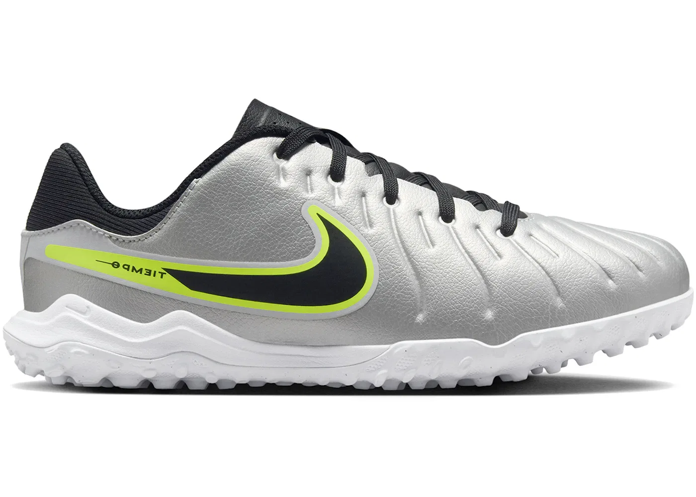 Детские бутсы для мальчиков с синтетическим верхом Nike Tiempo Legend 10 Academy TF, Metallic Silver/Volt/Black