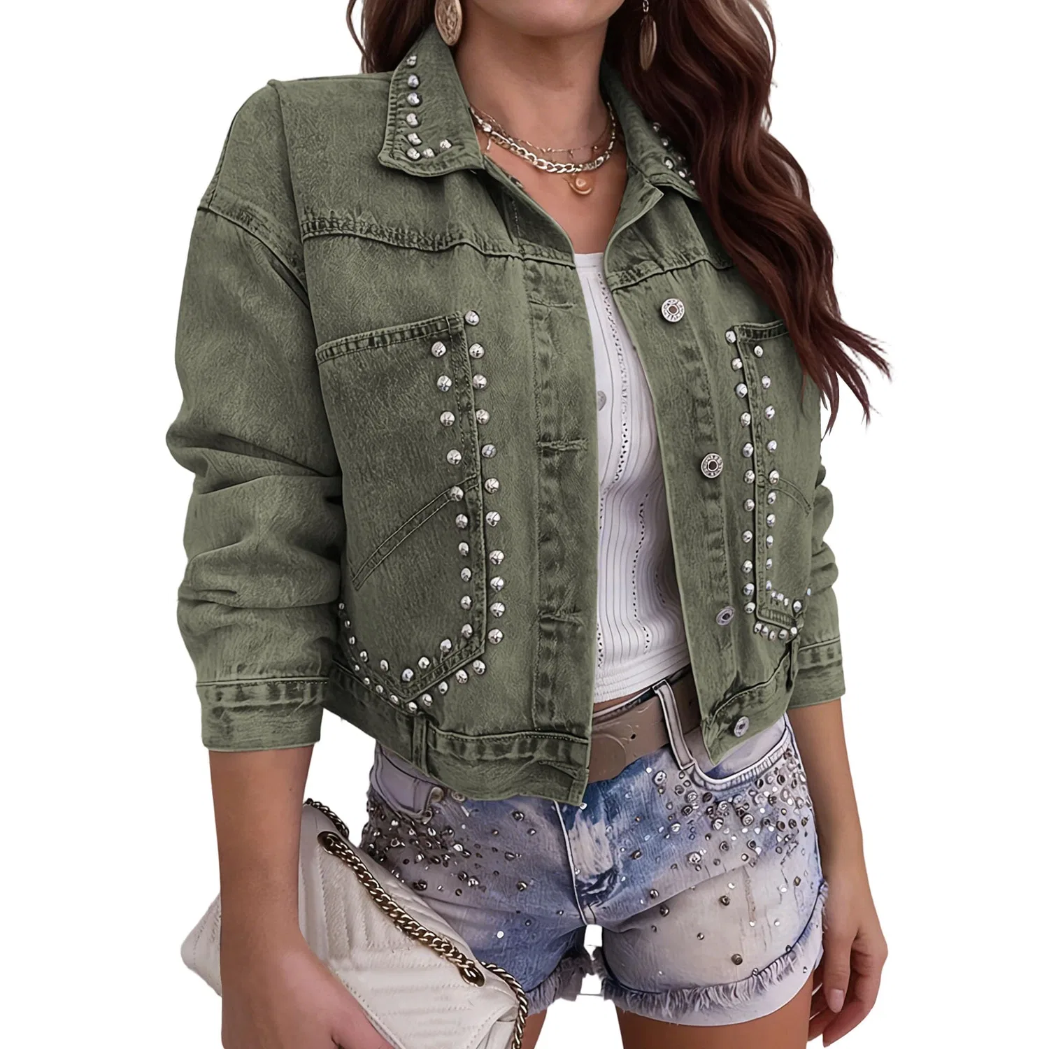 Женское джинсовое пальто с длинным рукавом Western Distressed Jean, Verde militare