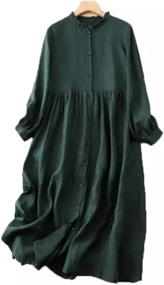 Женское платье-трапеция с рюшами Vintage Ruffled Stand Collar, зелёный — фото 4