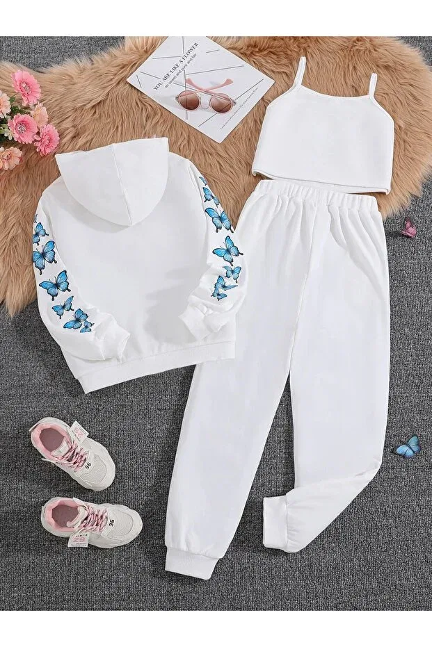 Детский спортивный комплект с принтом White Butterfly Printed Zippered Jacket, Crop And Tracksuit Set Keywest, White — фото 2