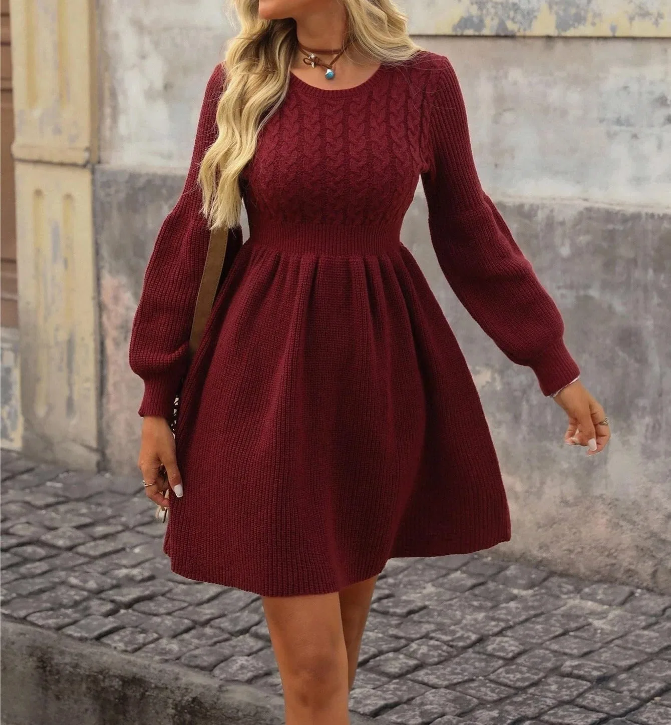 Женское повседневное платье длинным рукавом Knit Dress, Burgundy — фото 2