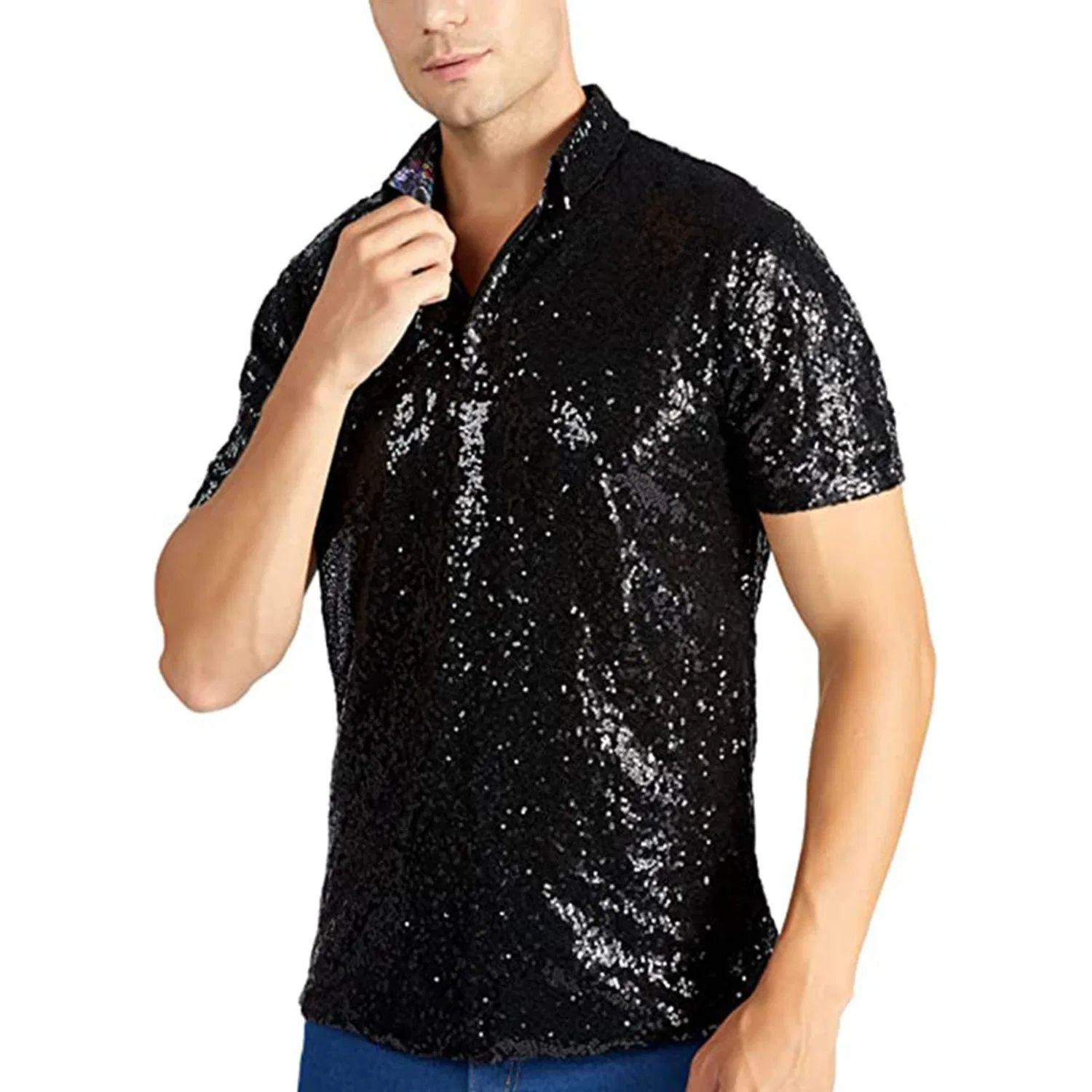 Мужская рубашка с коротким рукавом с пайетками 70s Party Shirt, Black