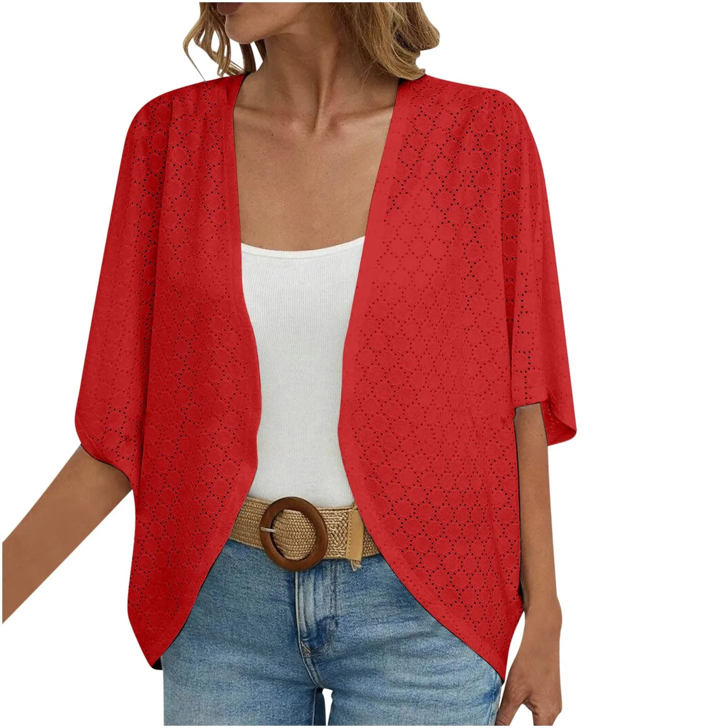 Женский кардиган с рукавом 3/4 с ажурным узором, Rosso