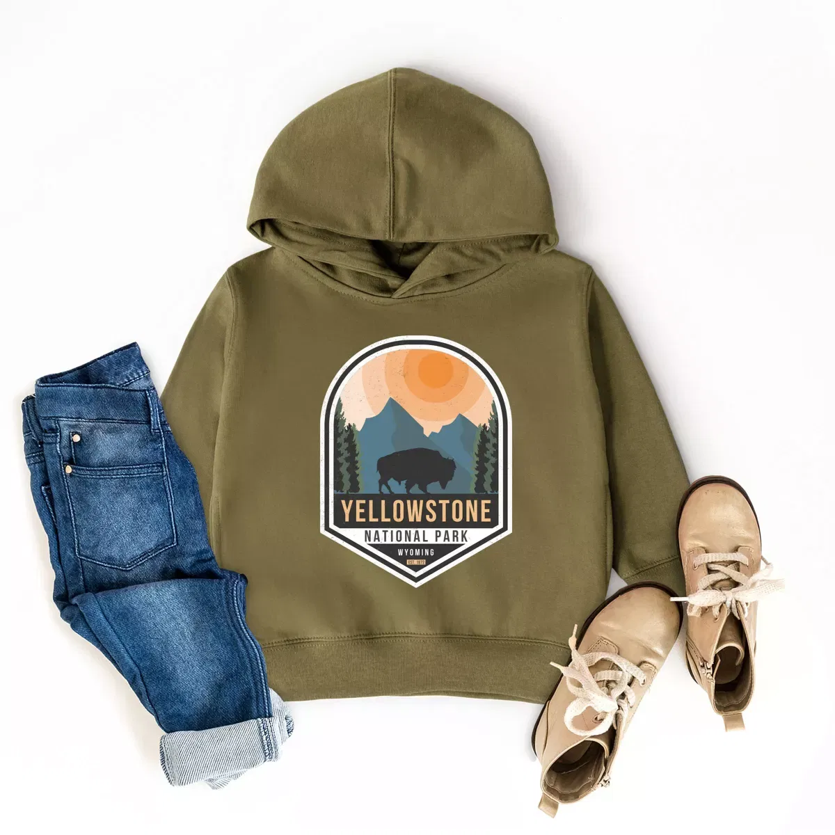 Детская худи с принтом Yellowstone National Park Badge The Juniper Shop, Army Green — фото 3